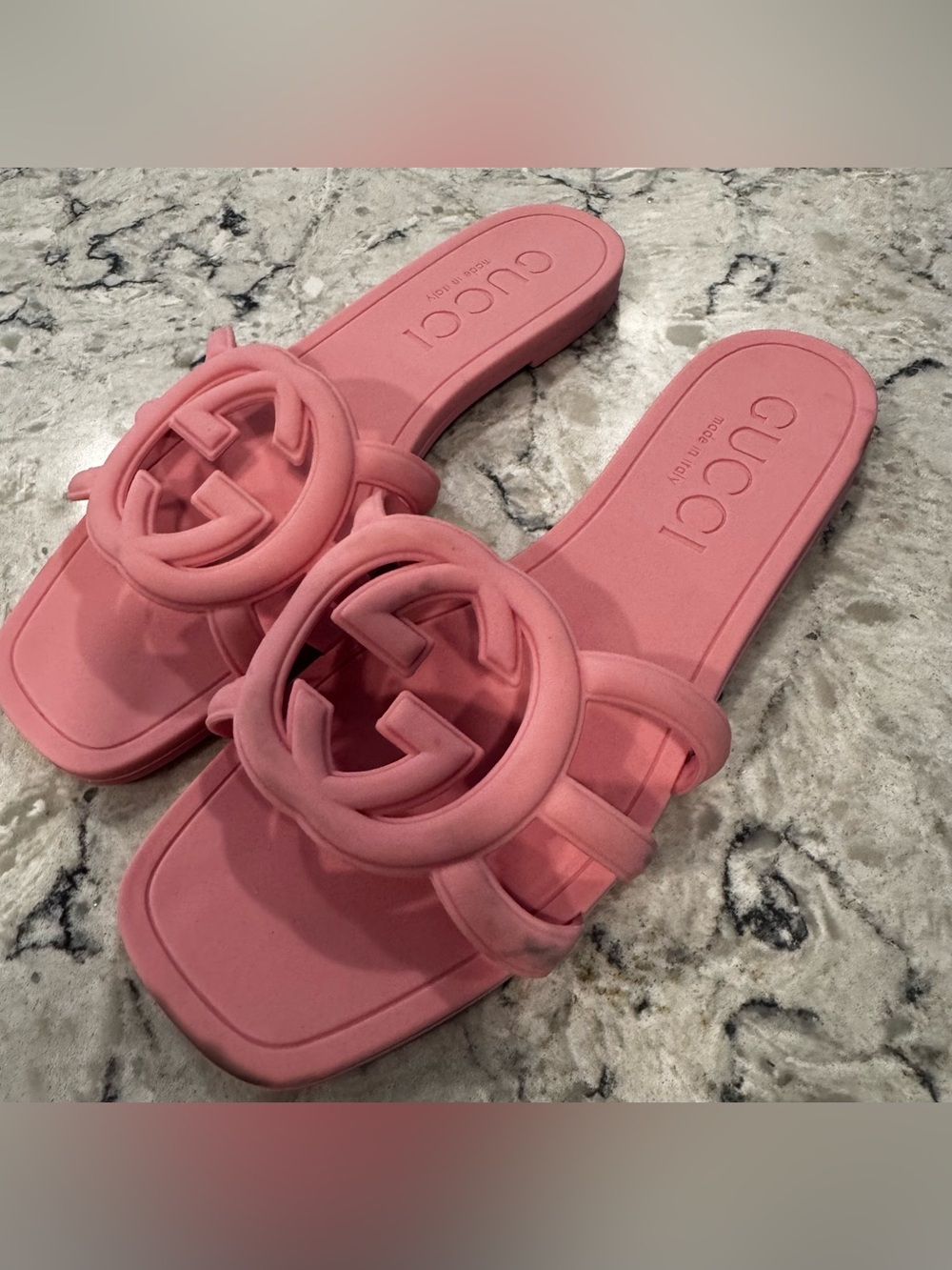 Gucci Rubber Logo Slide Sandals Shoes Wild Rose Pink Size US 7